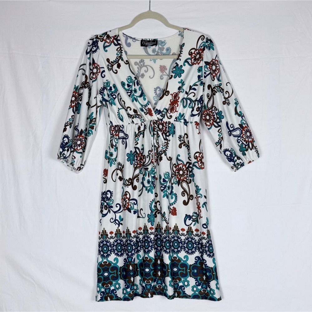 Paisley Print Deep V Neck Dress L Knee Length Puff Sleeve Summer Hippie Boho - Picture 4 of 10